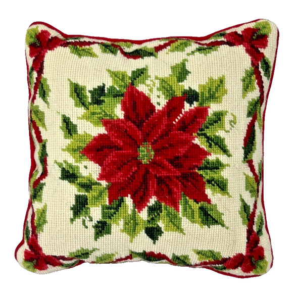 Vintage Wool Needlepoint Christmas Pillow Poinsettia Red Velvet Red 12” X 12” - Picture 1 of 4